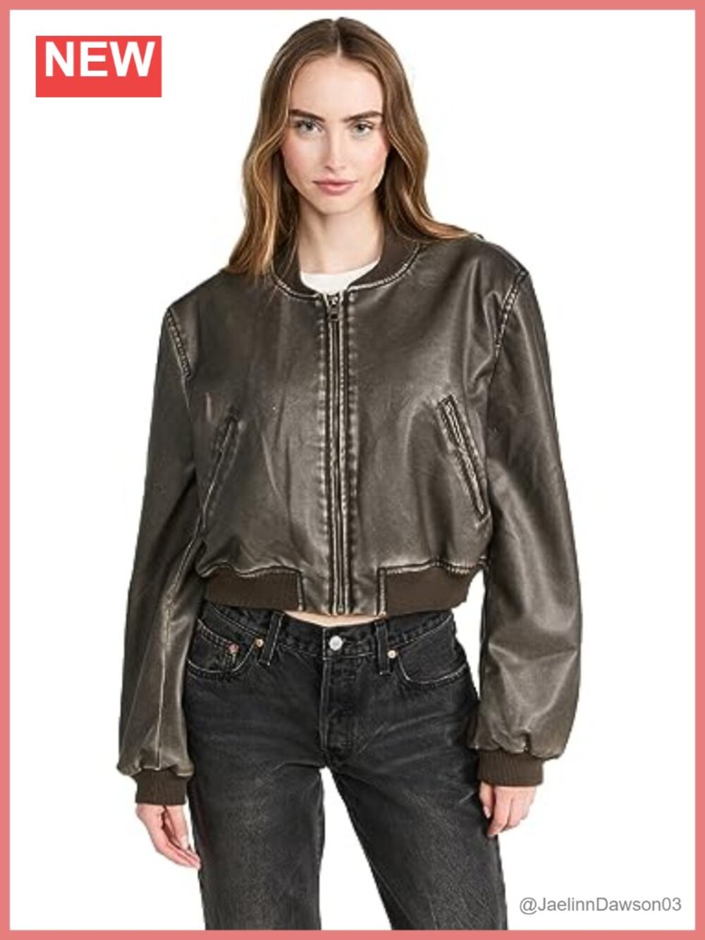 Faux Leather Aviator Bomber Jacket with Zip Pockets & Ribbed Trim